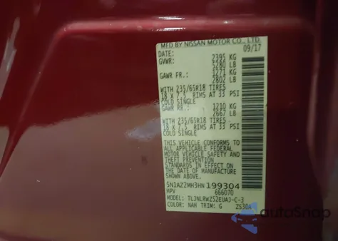 2017 Nissan Murano Sl из США, поврежденный, VIN 5N1AZ2MH3HN199304